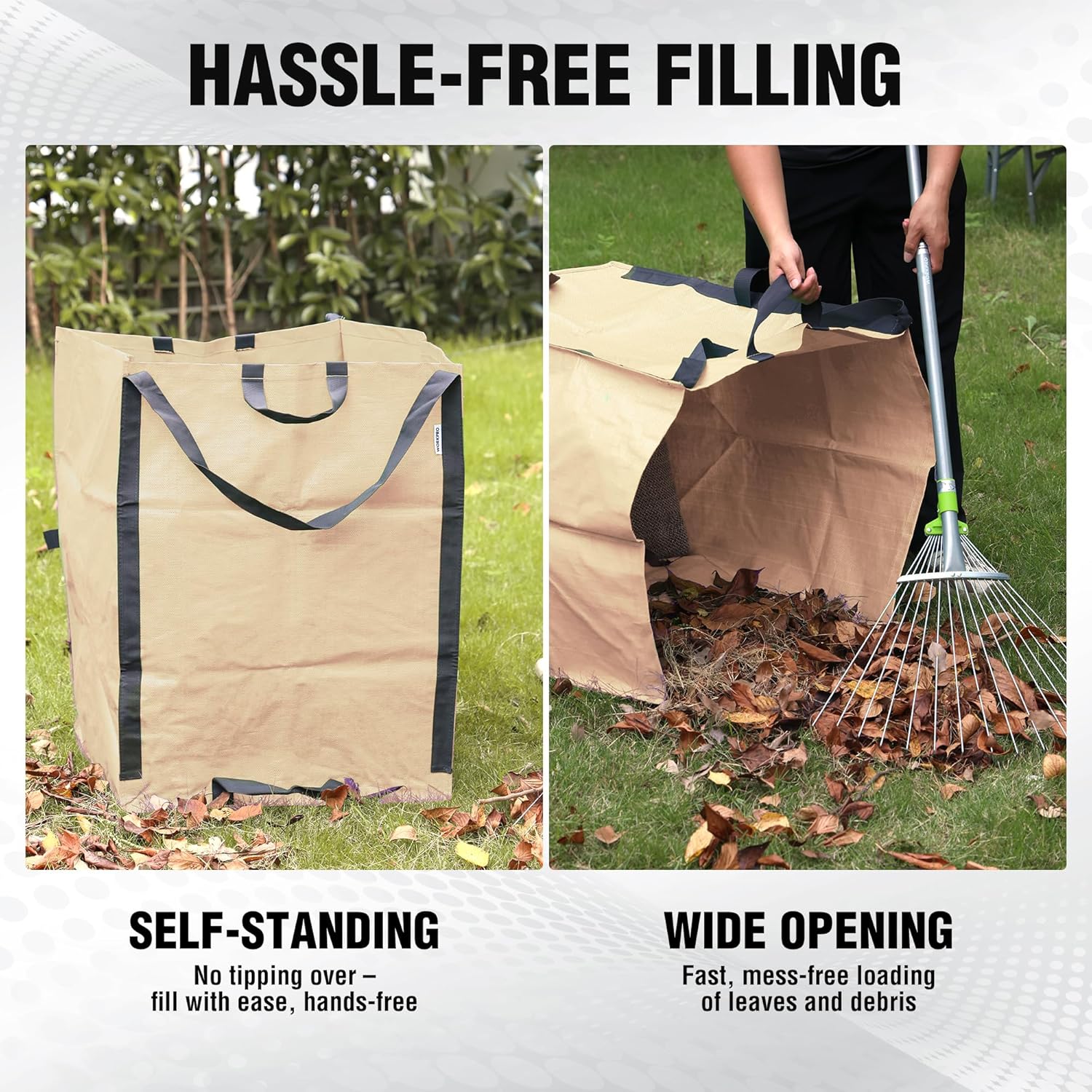 Light tan yard waste bag with wide opening and self-standing shape