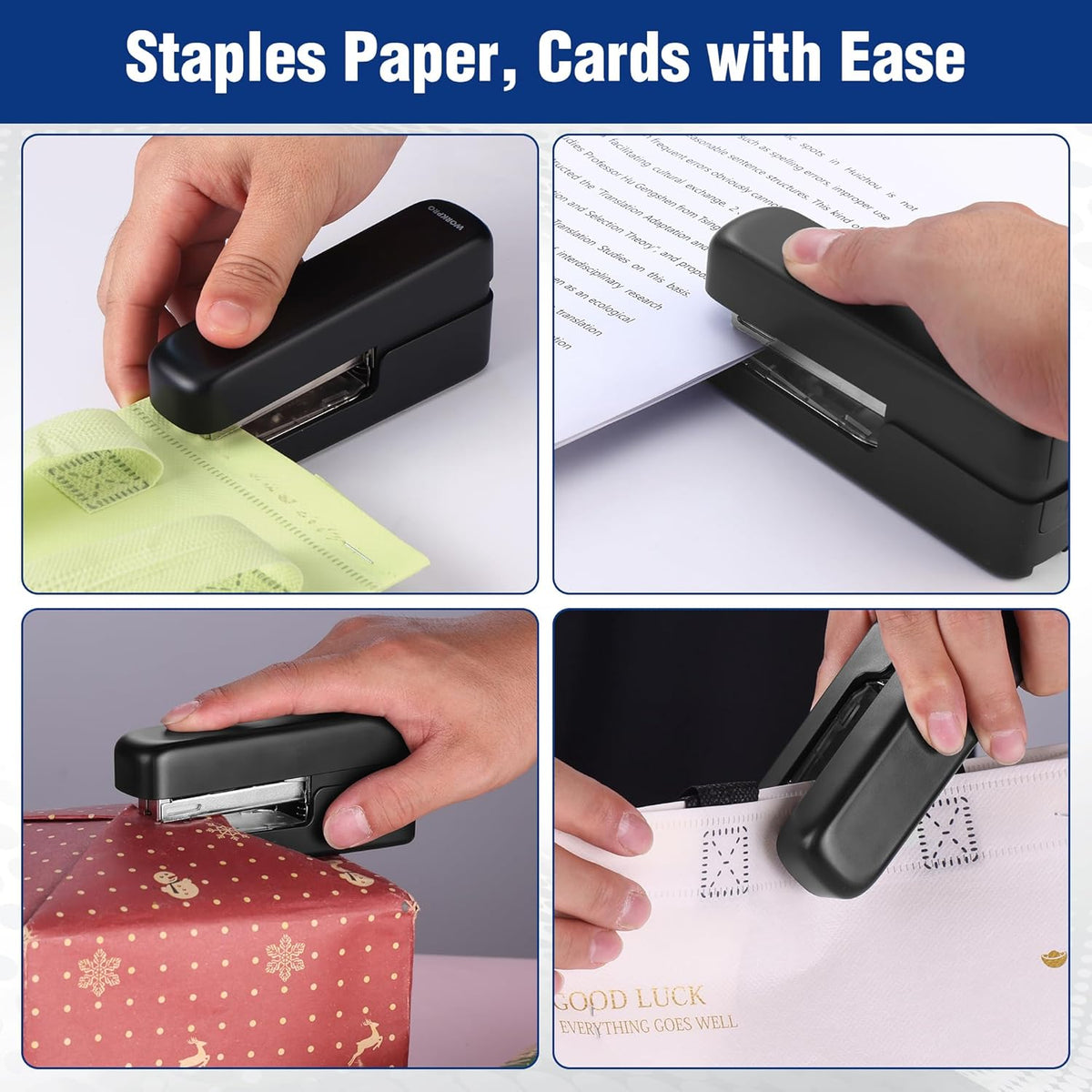 Black stapler being used to staple paper stacks for easy office binding