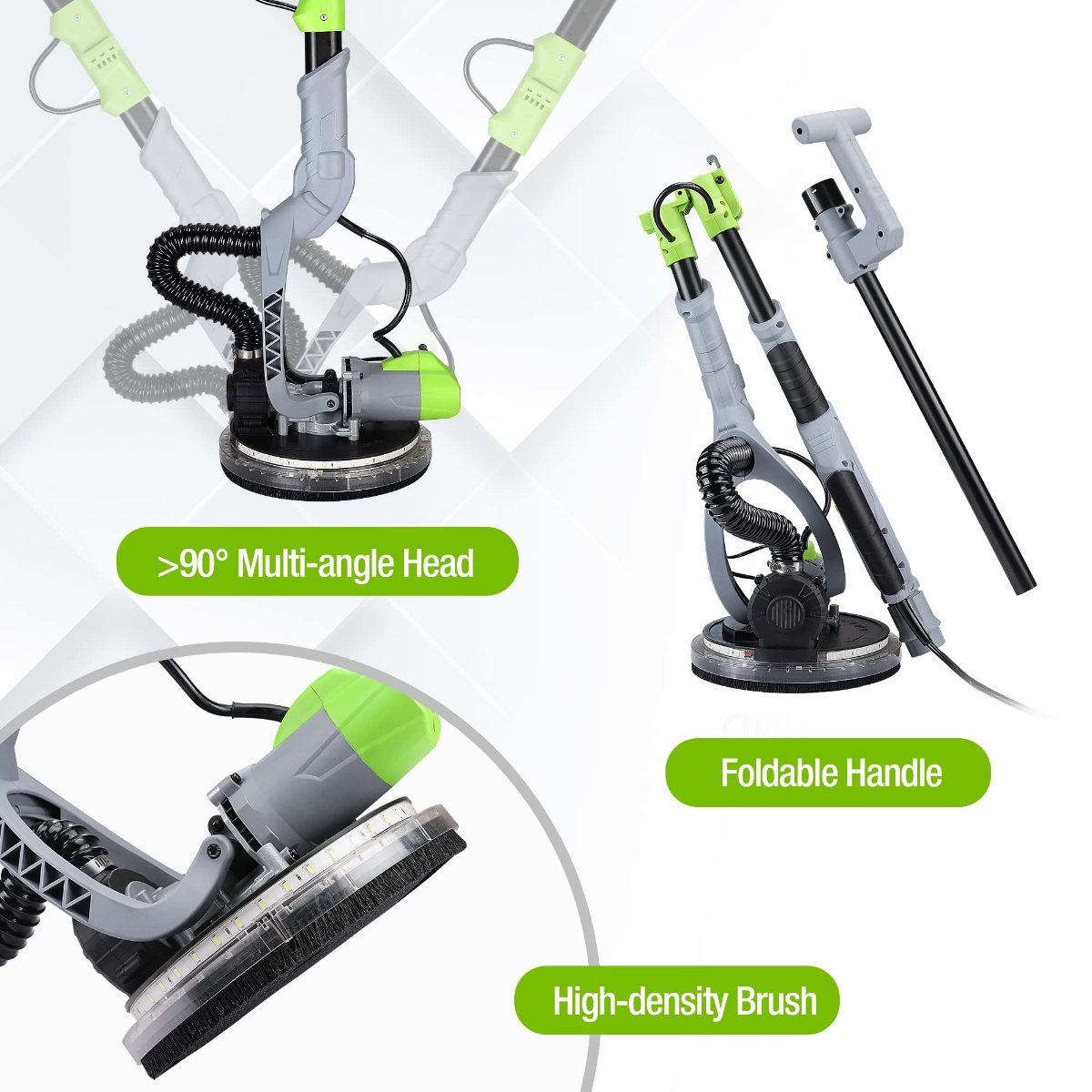 Electric drywall sander with multi-angle head, foldable handle, and high-density brush