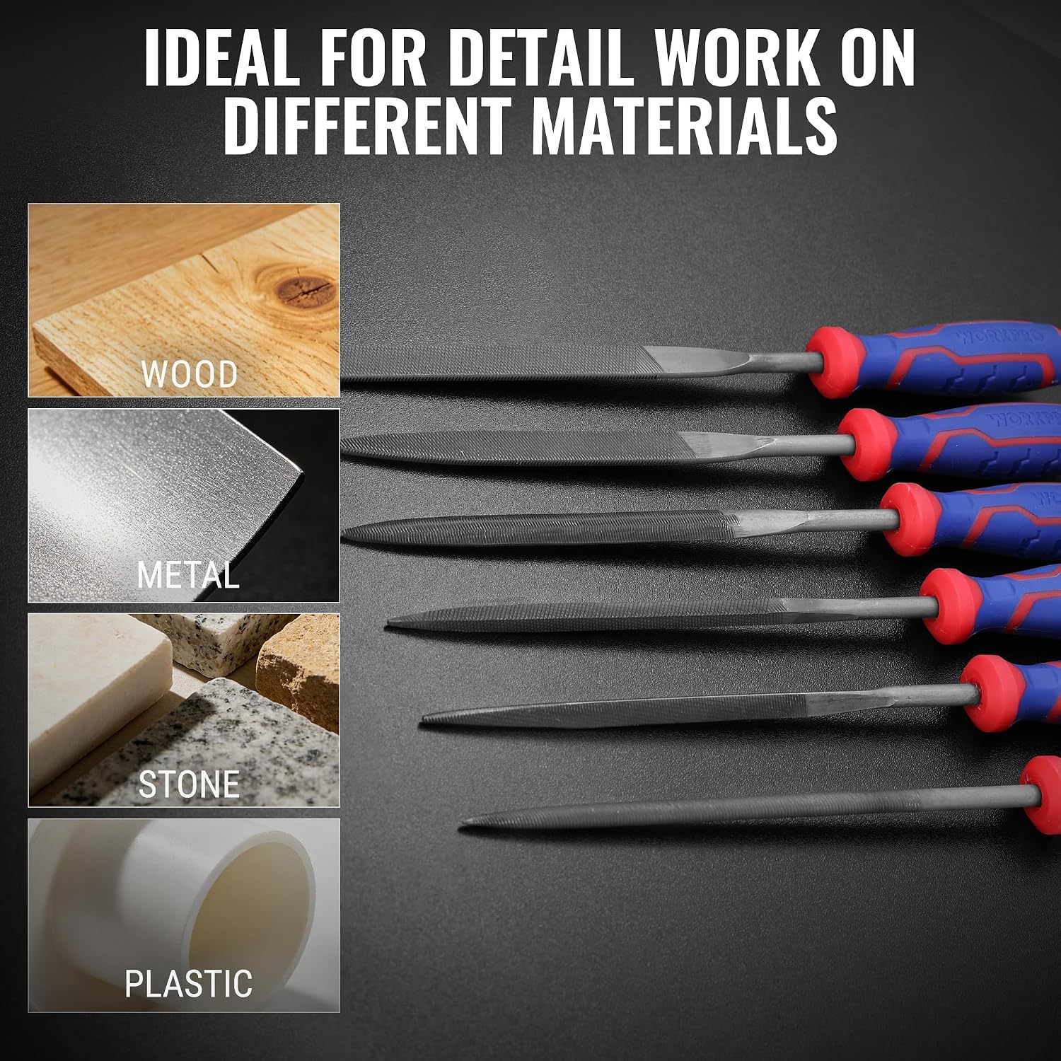 Needle file set with multiple fine tips for detailed work on different materials