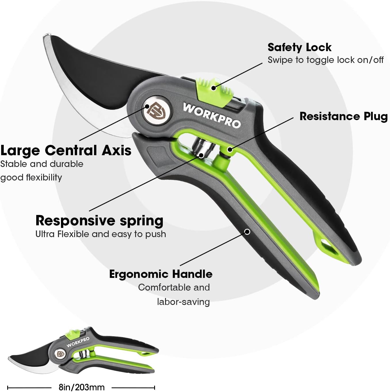 Bypass pruning shears with safety lock switch, ergonomic handles, and black blade