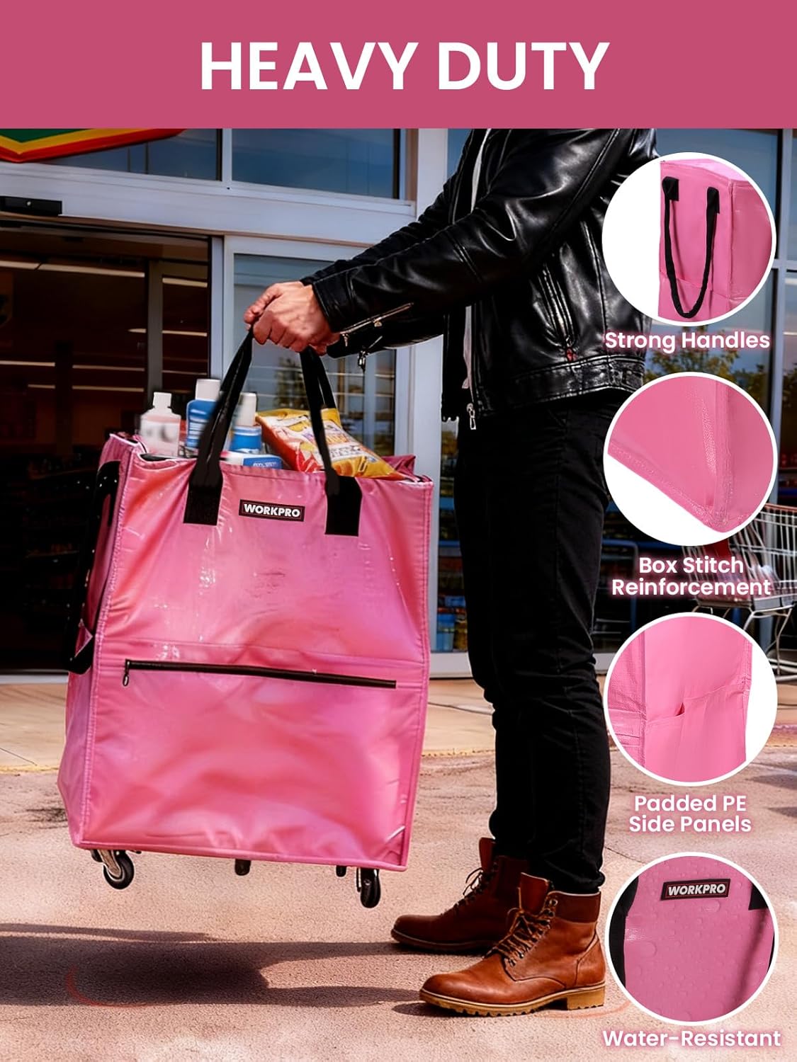 Pink heavy-duty rolling tote with reinforced handles, side padding, and water-resistant fabric