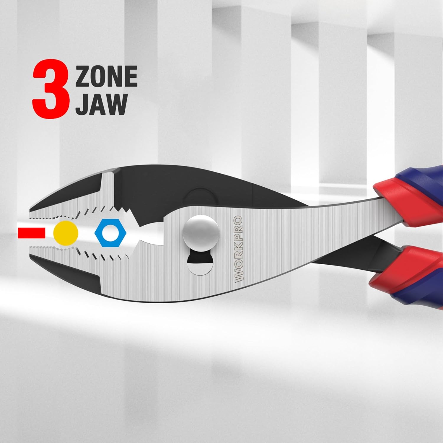 WORKPRO slip joint pliers with serrated silver jaws and red-and-blue soft grip