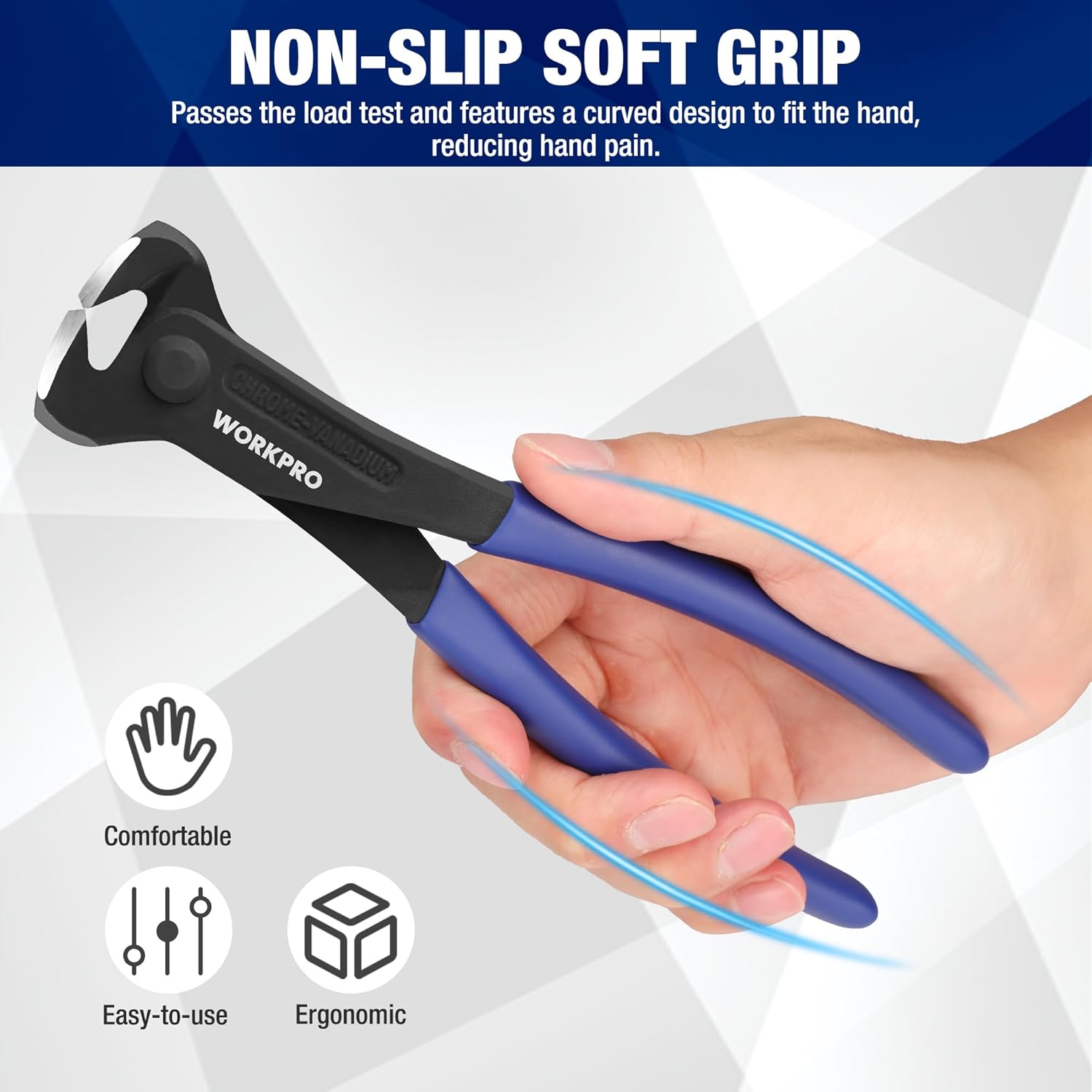 WORKPRO end cutting pliers with non-slip blue soft-grip handles in hand
