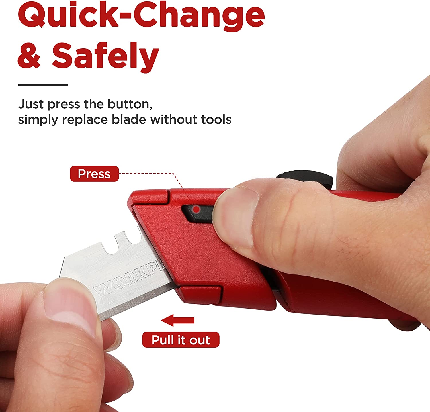 Red retractable box cutter utility knife with button for quick blade change, held by hand