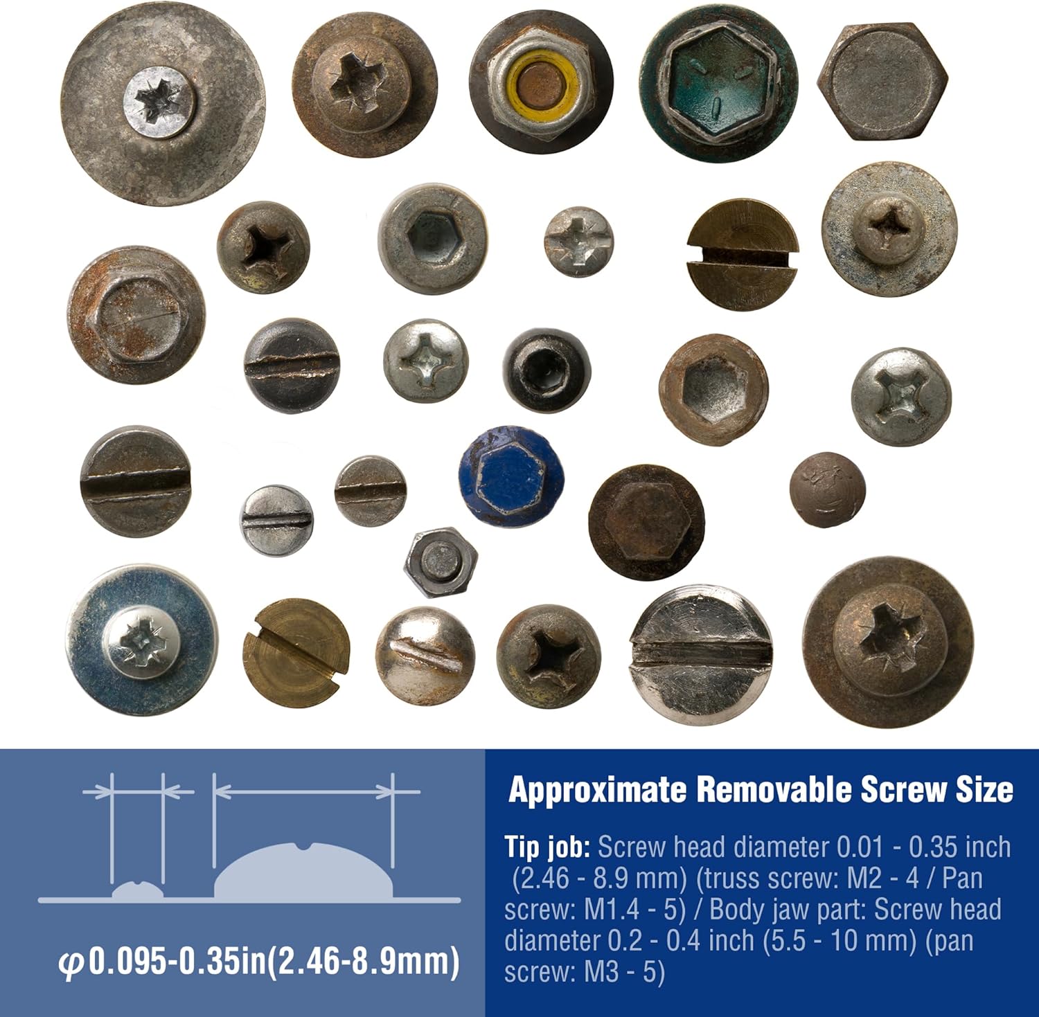 Assorted removed screw heads showing different sizes and finishes for compatibility