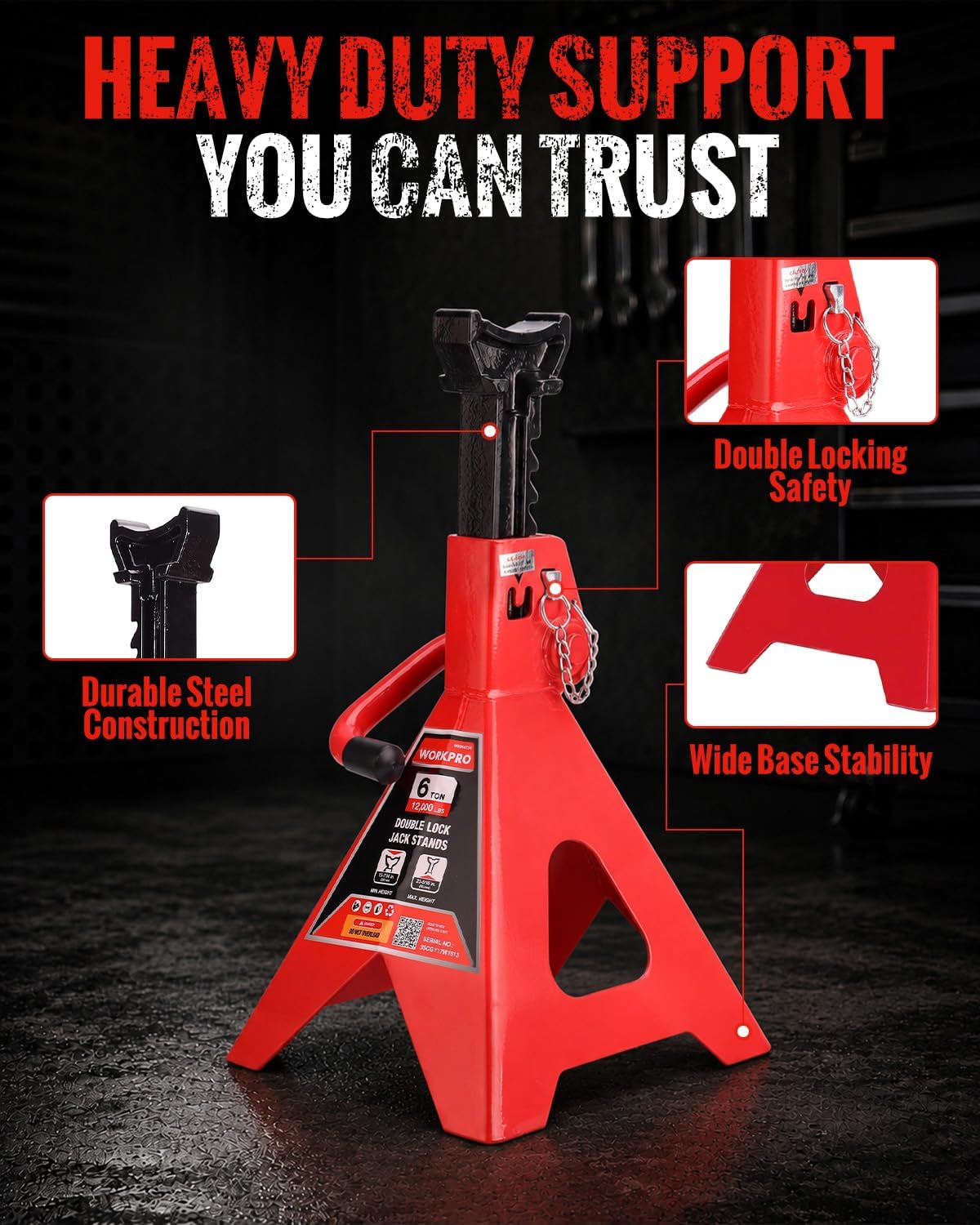 WORKPRO 6 Ton Jack Stands with Double Lock, 12000 LBS Capacity, 1 Pair | Heavy-Duty Premium Steel Construction, Wide Base Stability, Adjustable Lift Height