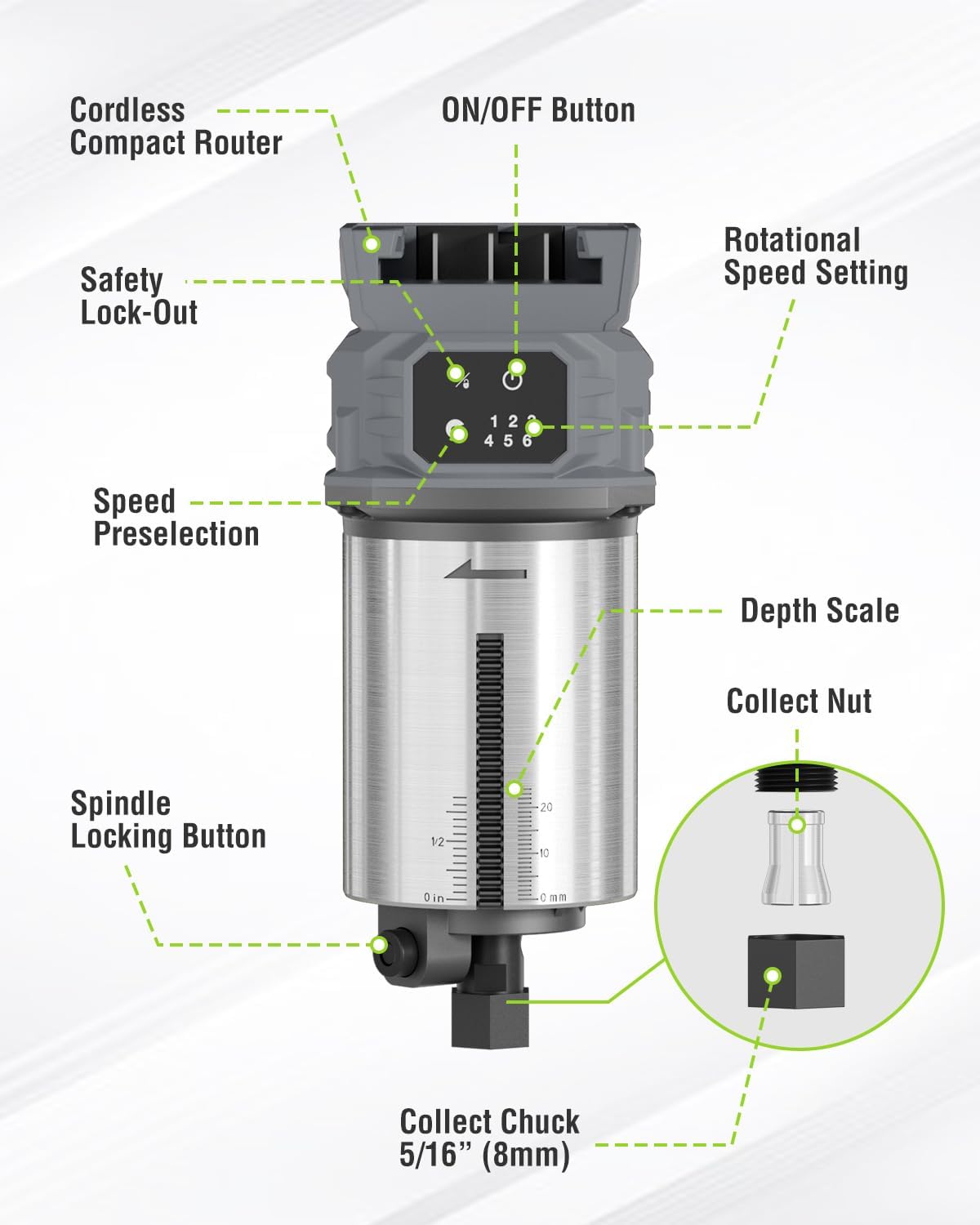 Cordless compact router tool with depth scale, speed settings dial, and 5/16 in collet chuck