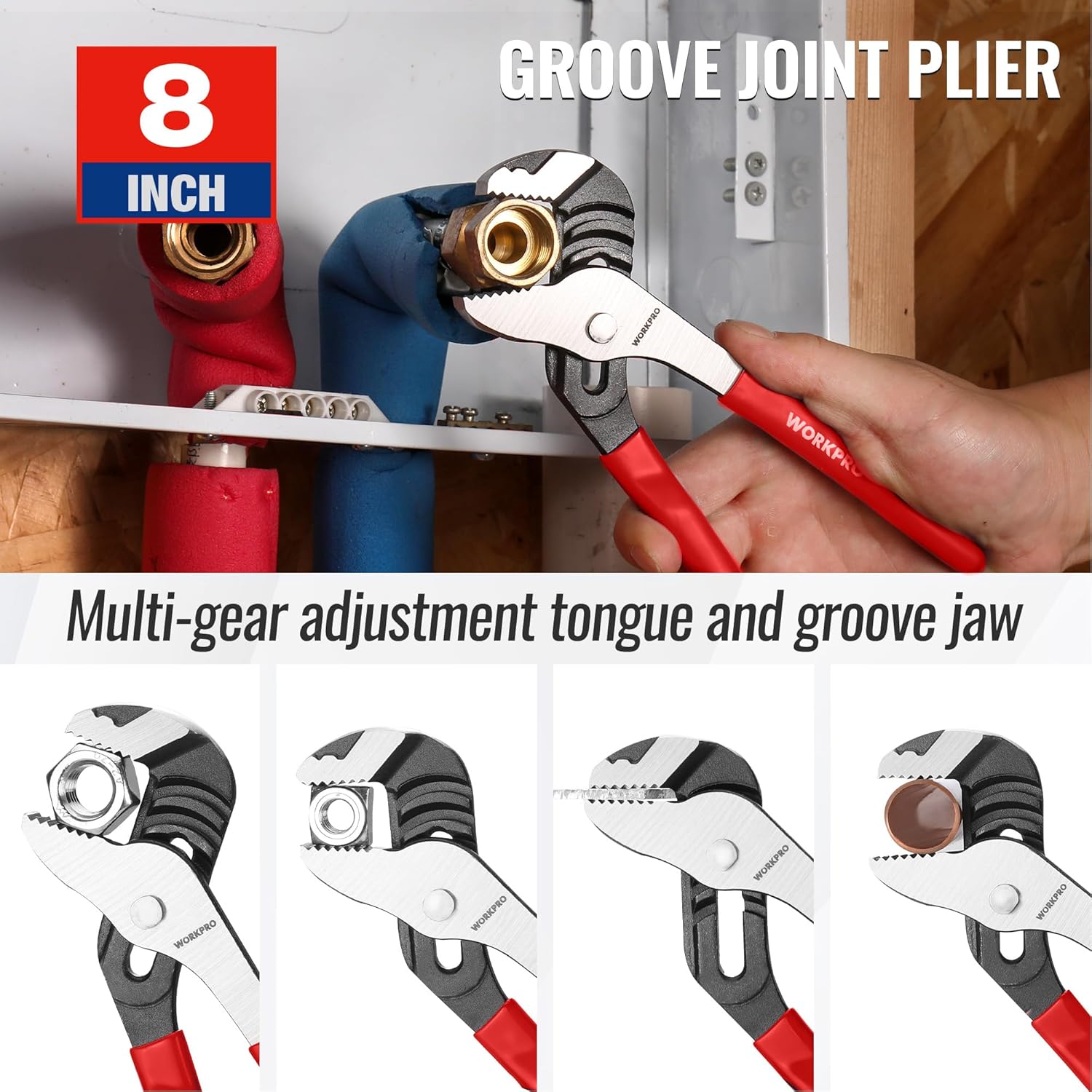 8 in groove-joint plier with multi-gear adjustable tongue and groove jaw
