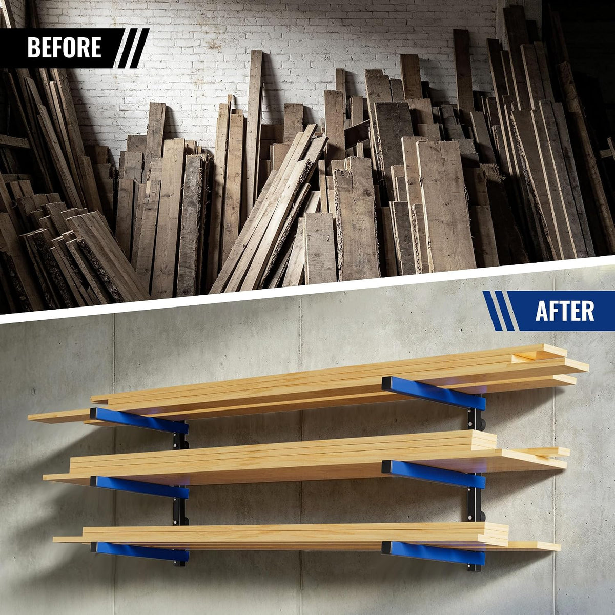 WORKPRO 4PC 3-Tier Wall Mount Lumber Storage Rack | Q195 Steel, 265 Lbs Total, 100 Lbs/Tier. Hardware Included. Fits Garages, Basements, Sheds, Workshops