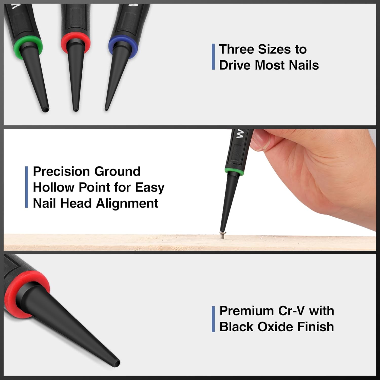 Three WORKPRO nail punch tools with green, red, and blue collars for precise nail alignment