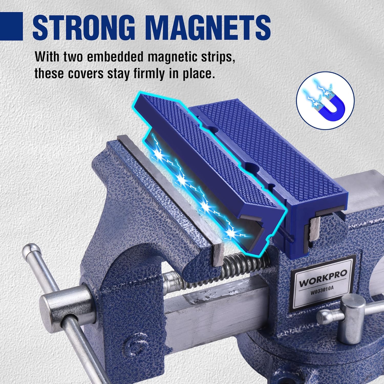 Blue magnetic vise jaw pads with V-groove edges and embedded magnet strips