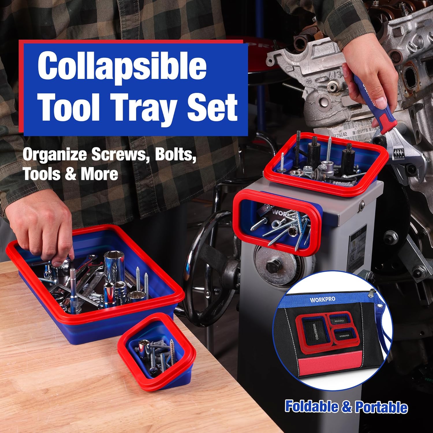 Collapsible red-and-blue magnetic tool tray set with screws and bolts