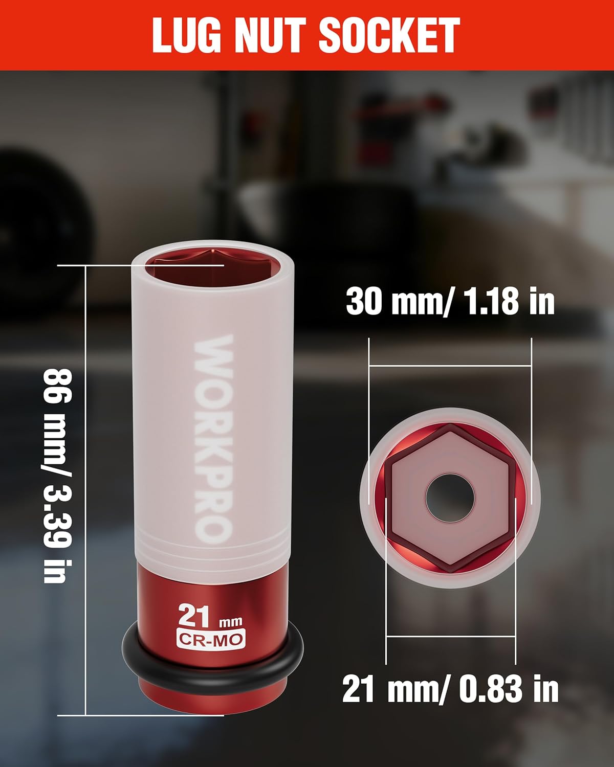 Red and white 21 mm thin-wall lug nut impact socket, 6-point drive, 1/2 in drive
