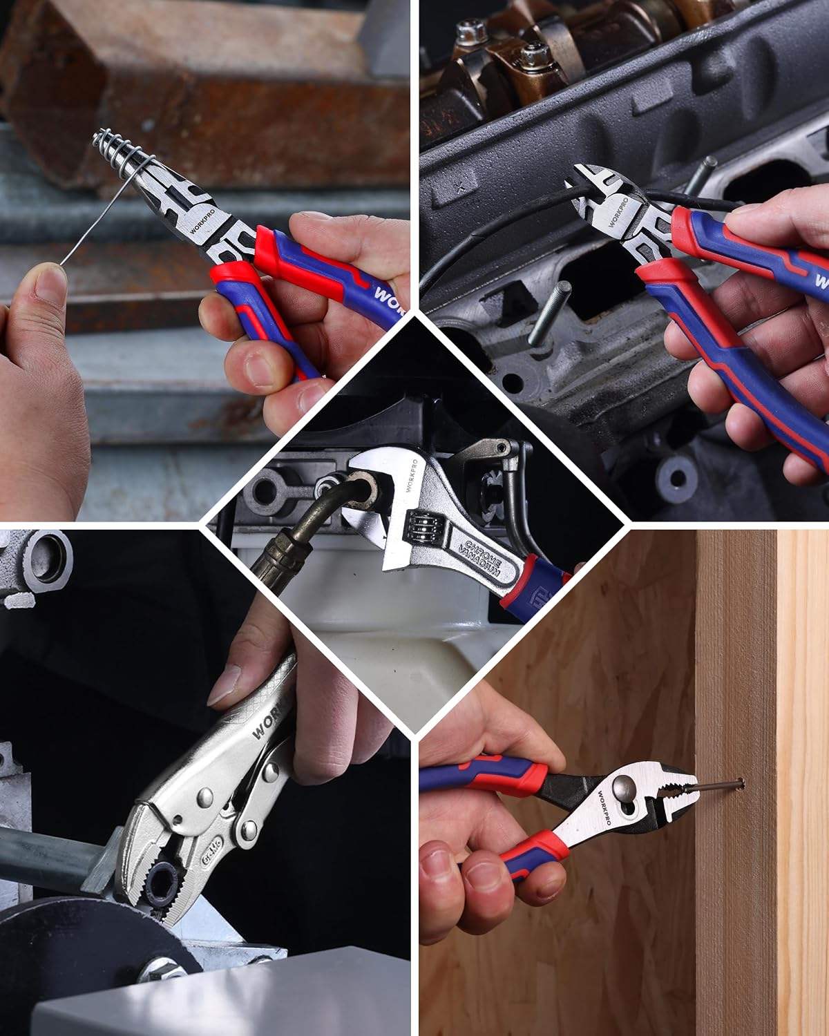WORKPRO pliers tool set with organizer tray and blue-red pliers in use