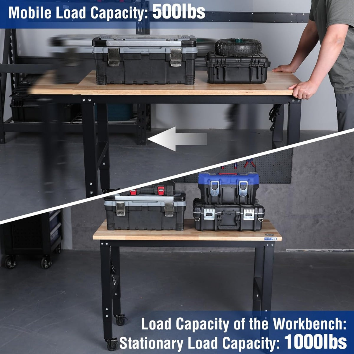 Workbench with open lower shelf and caster frame holding tool cases and supplies