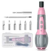 Pink cordless screwdriver kit with multiple bits and charging case in clear plastic tray