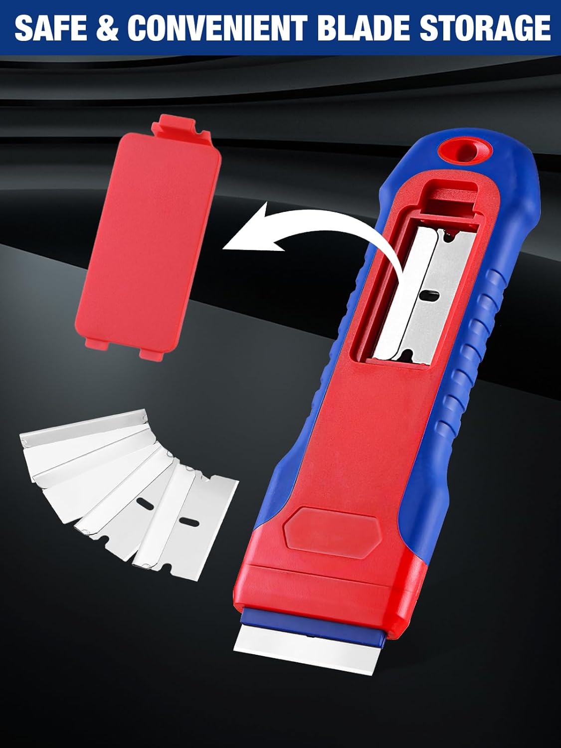 Retractable razor blade scraper with open blade storage slot and stored spare blades