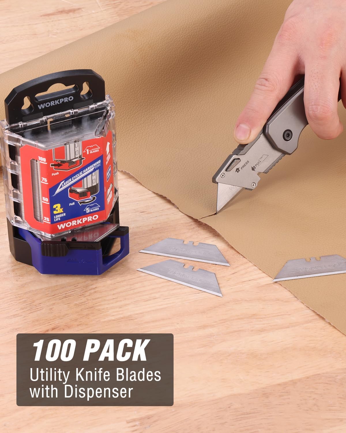 Utility knife blades in clear dispenser with replacement blade sheets on cardboard