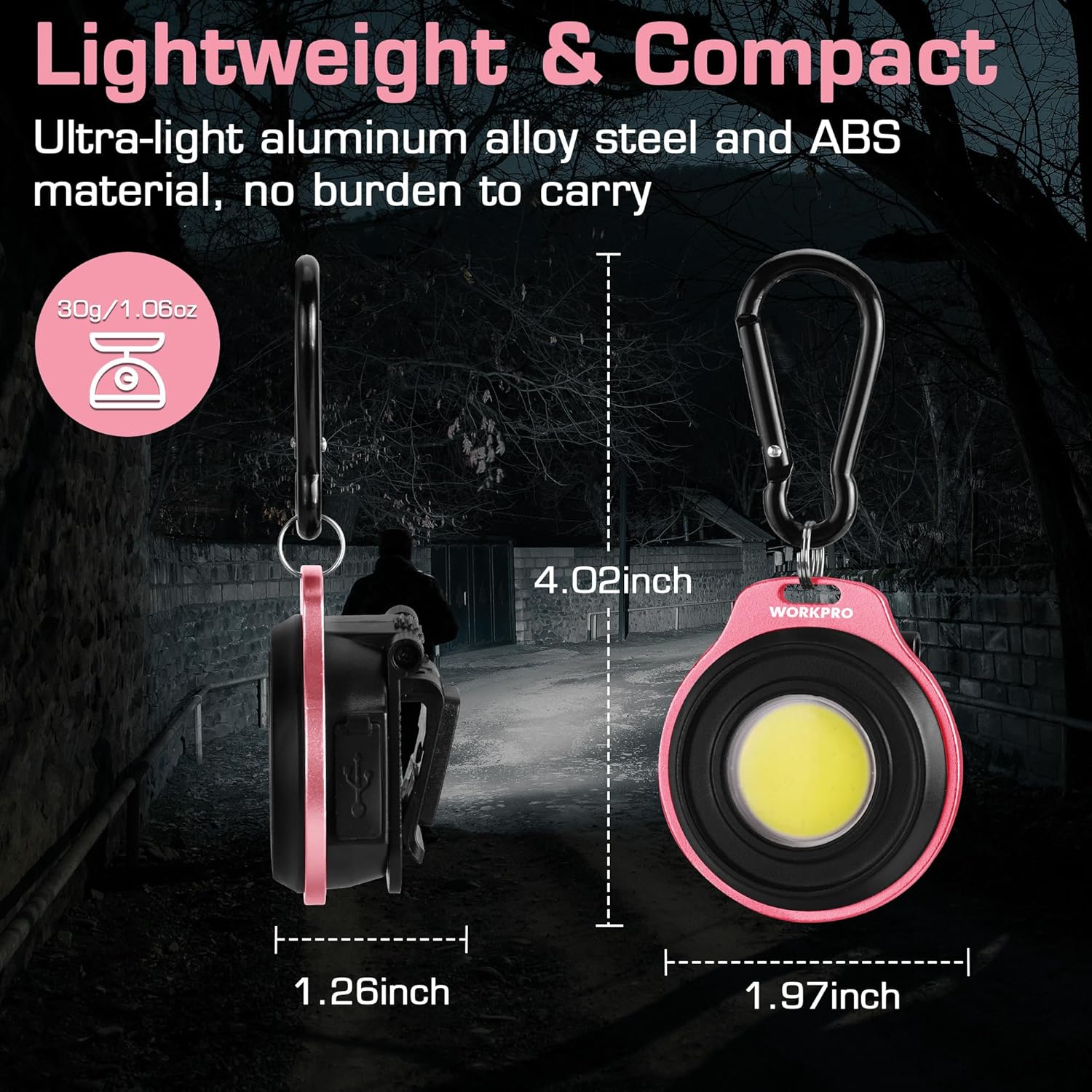 Pink keychain flashlight with carabiner and compact circular LED light head