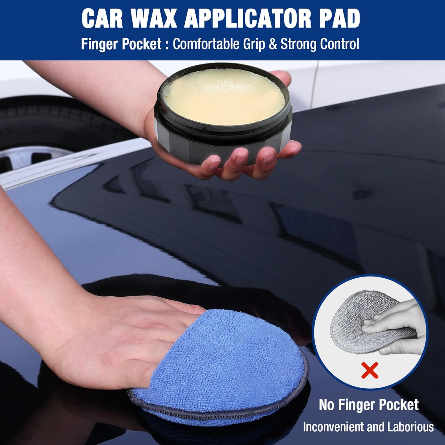 Blue microfiber car wax applicator pad with finger pocket, oval shape with black edge.