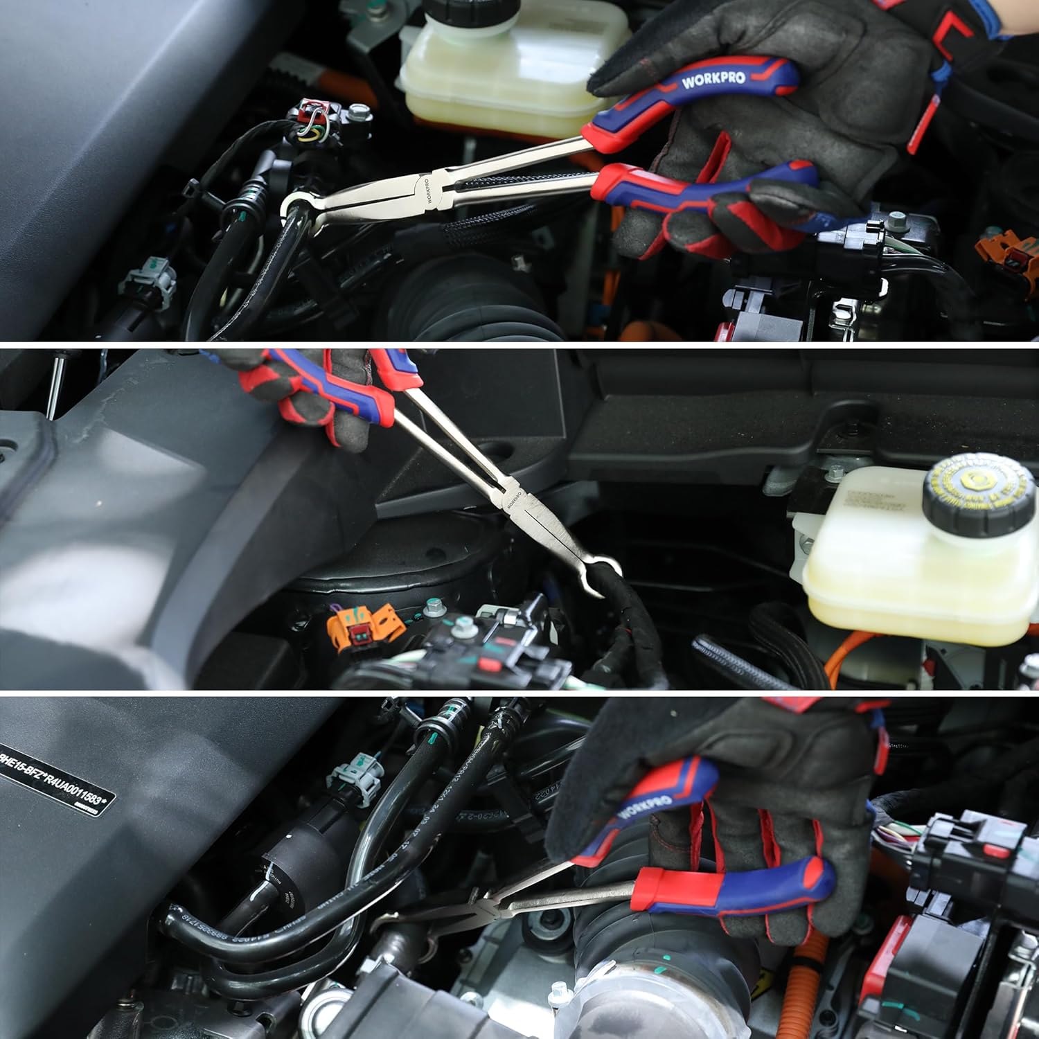 Long-reach hose gripper pliers being used in a vehicle engine area, red-blue insulated grips