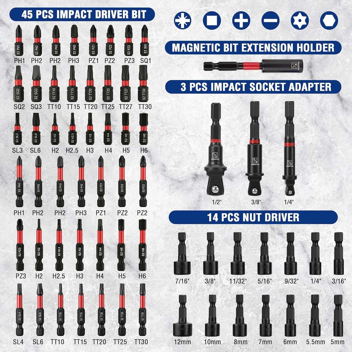 Impact driver bit set with magnetic extension holder and impact socket adapters