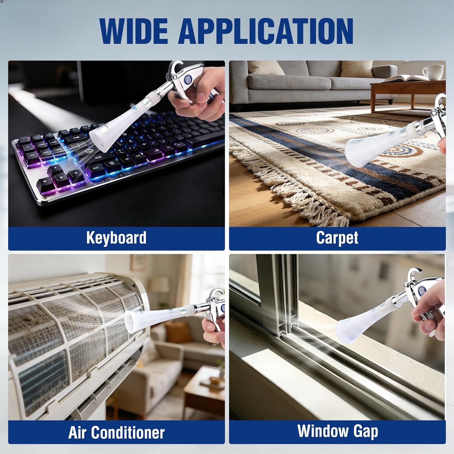 Air blow gun with white nozzle and metal trigger, for cleaning keyboard, carpet, and more