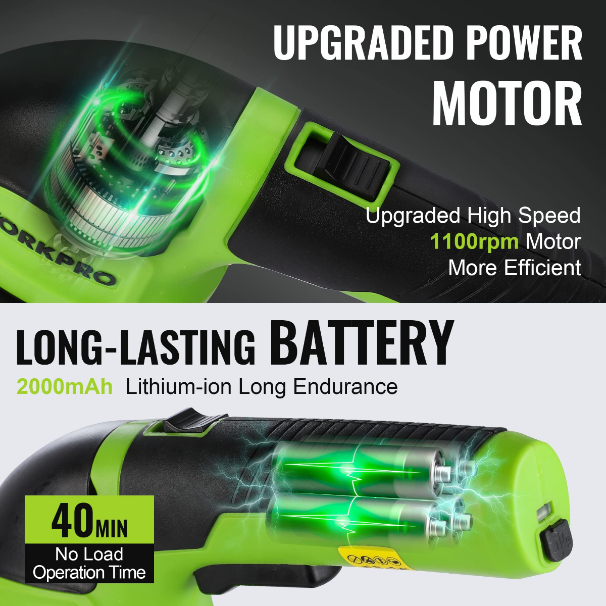 Green handheld electric trimmer close-up with rechargeable body and battery graphic