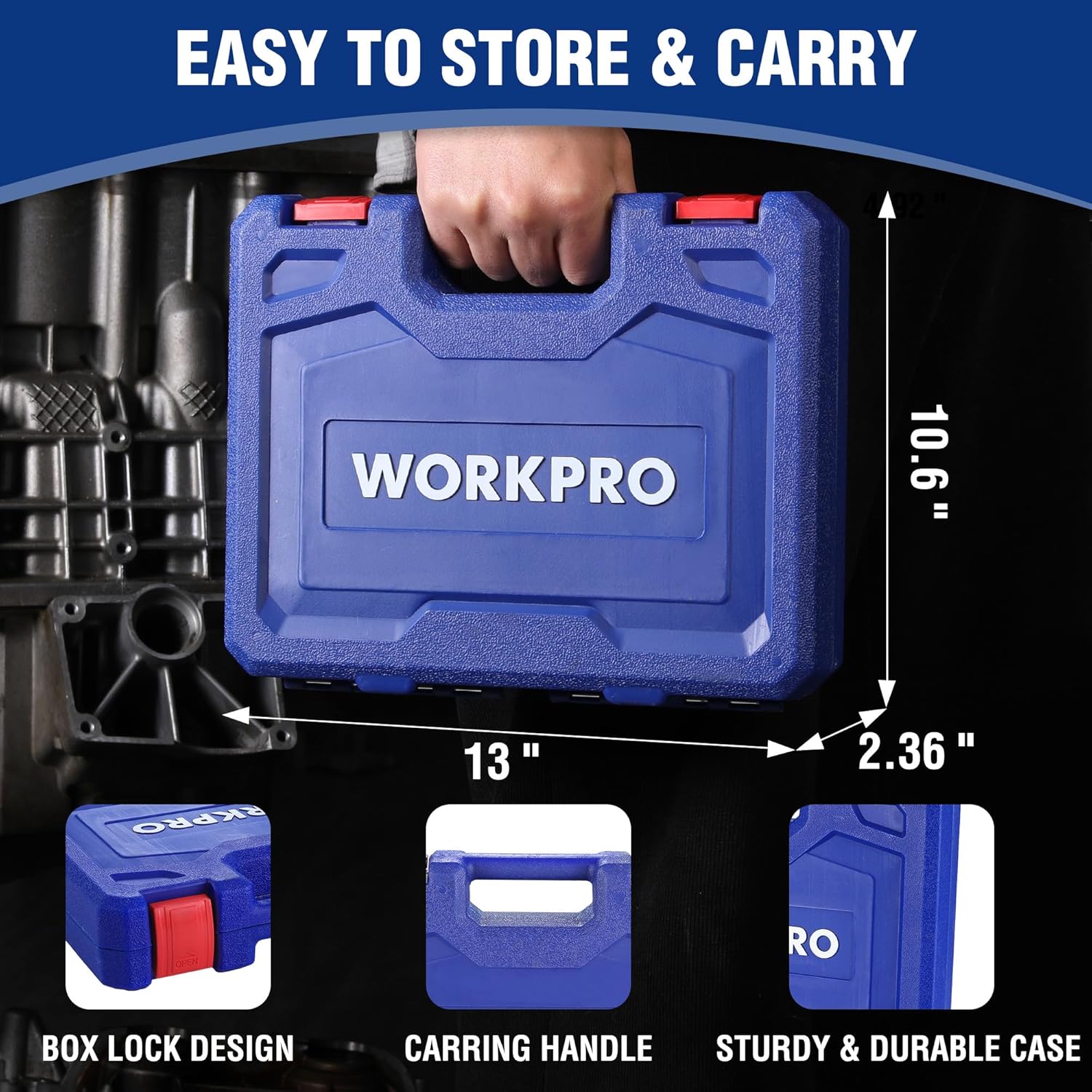 WORKPRO socket set in blue hard case with handle, foam inserts for deep sockets
