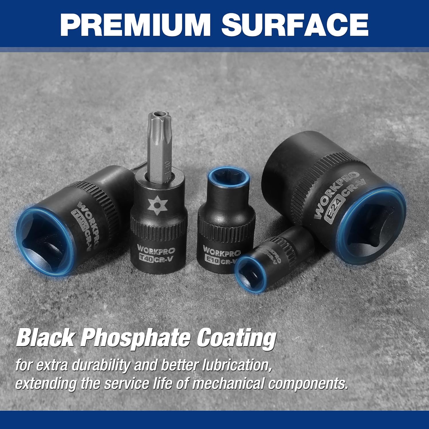 Torx socket bit set with black bits and blue accents, multiple star and E sockets
