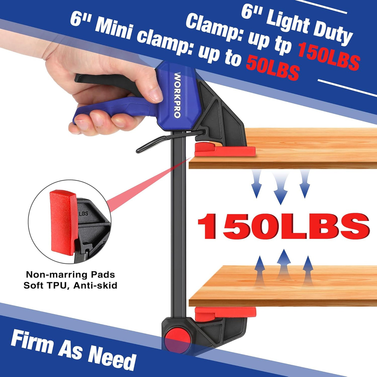 WORKPRO mini bar clamp with blue handle and red jaw pads on a gray bar