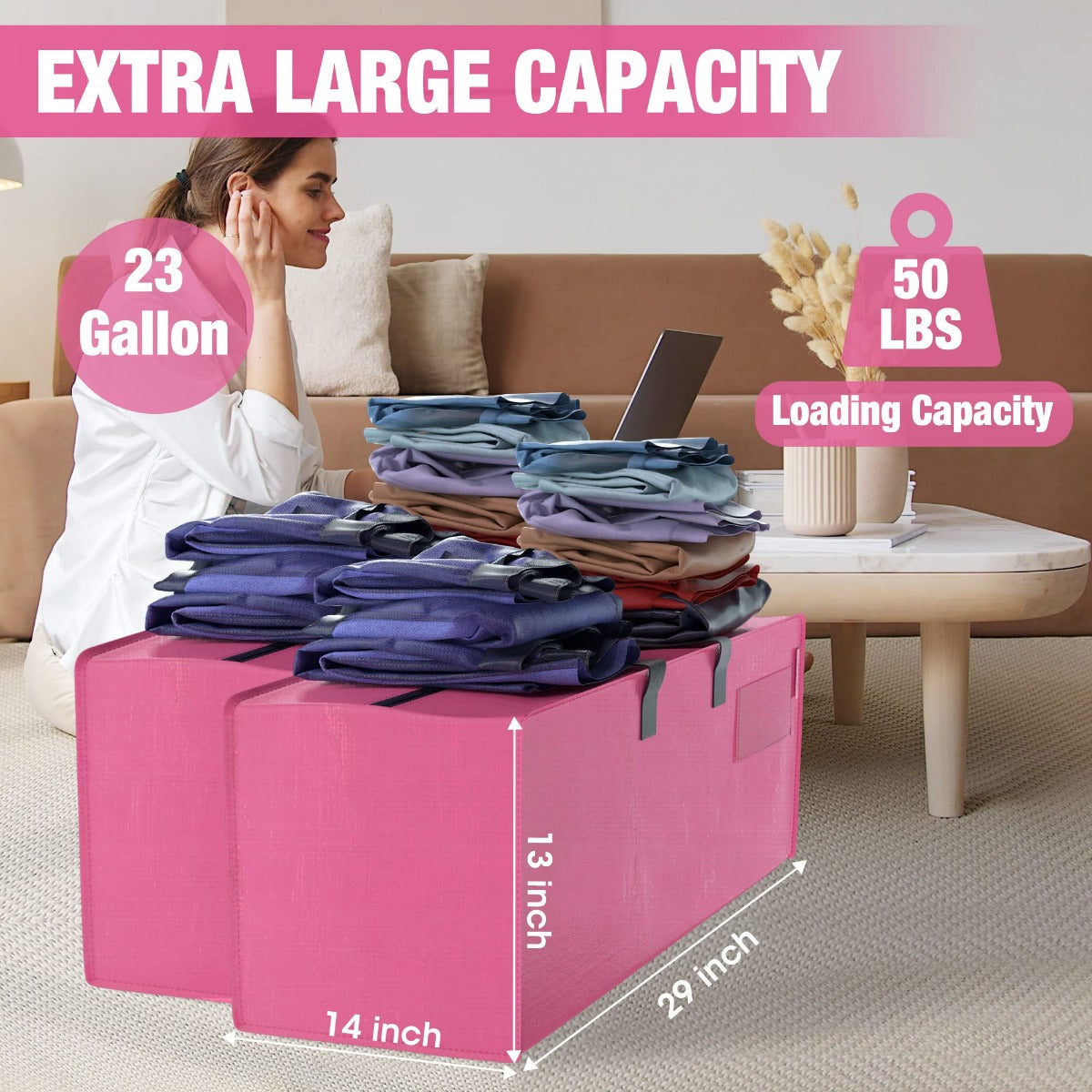 Pink extra-large storage tote bag with zipper, carry handles, and backpack straps