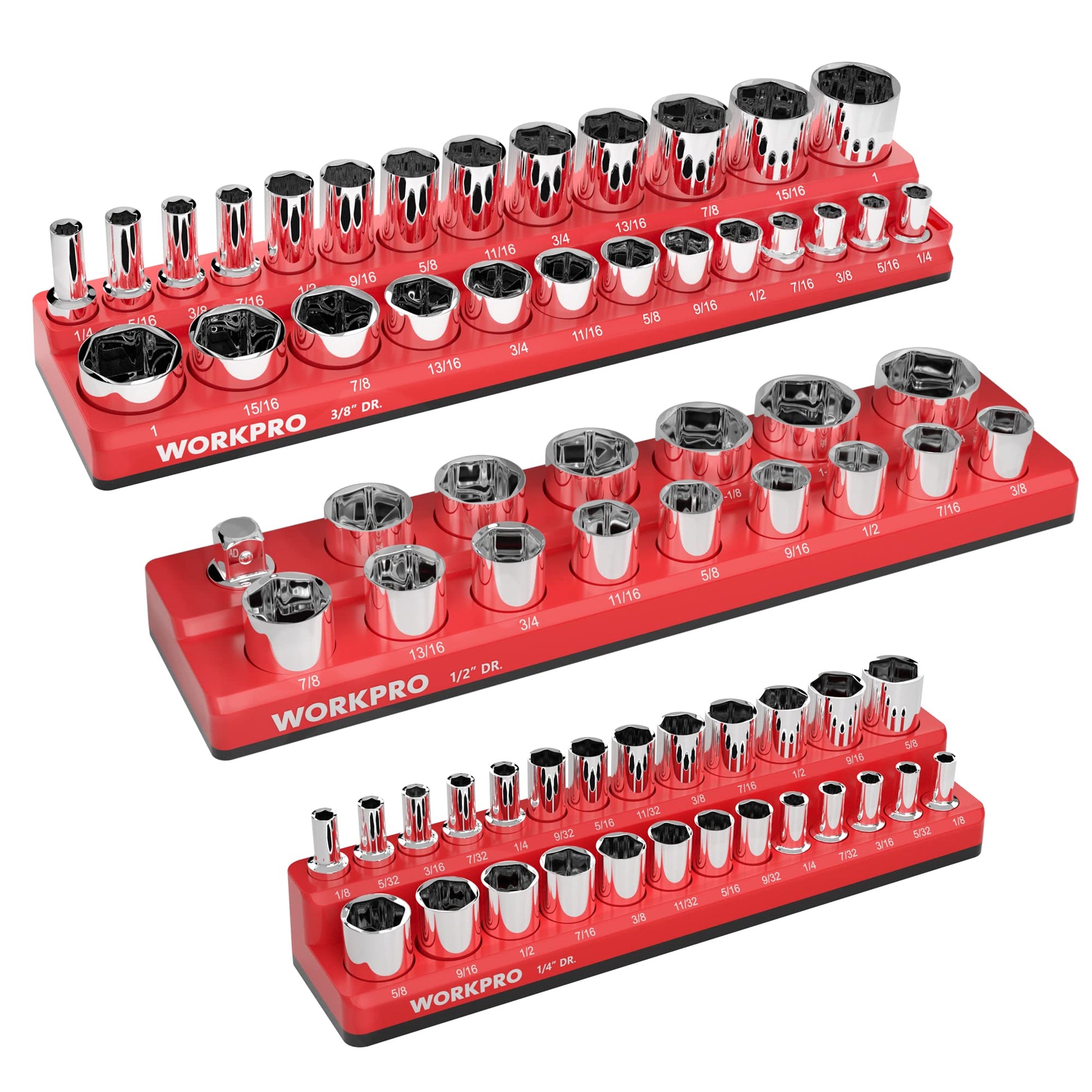 3-piece SAE magnetic socket organizer set with chrome sockets on red trays