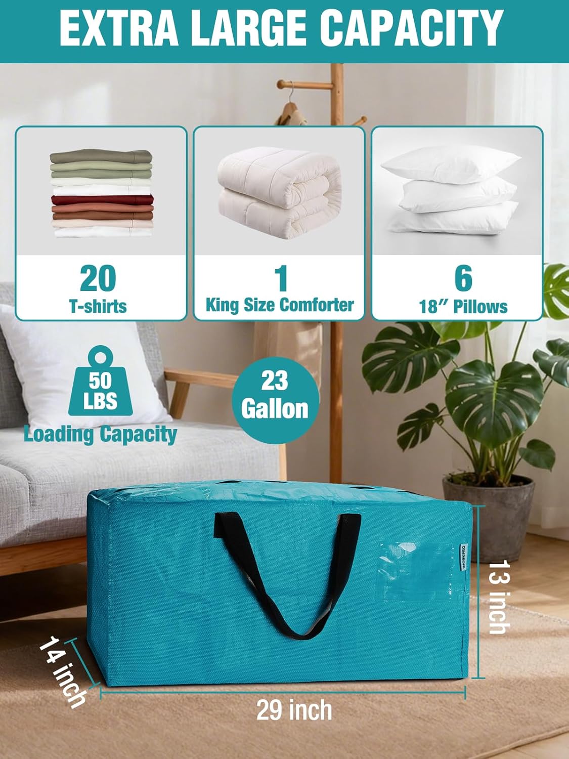 Blue extra-large storage tote with wide opening and black carry handles