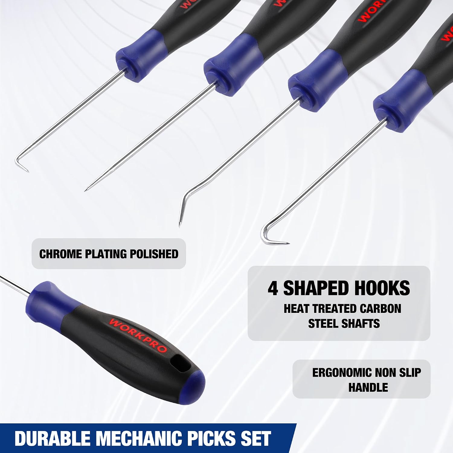 Mechanic picks and hook tools with blue handles and chrome needle tips
