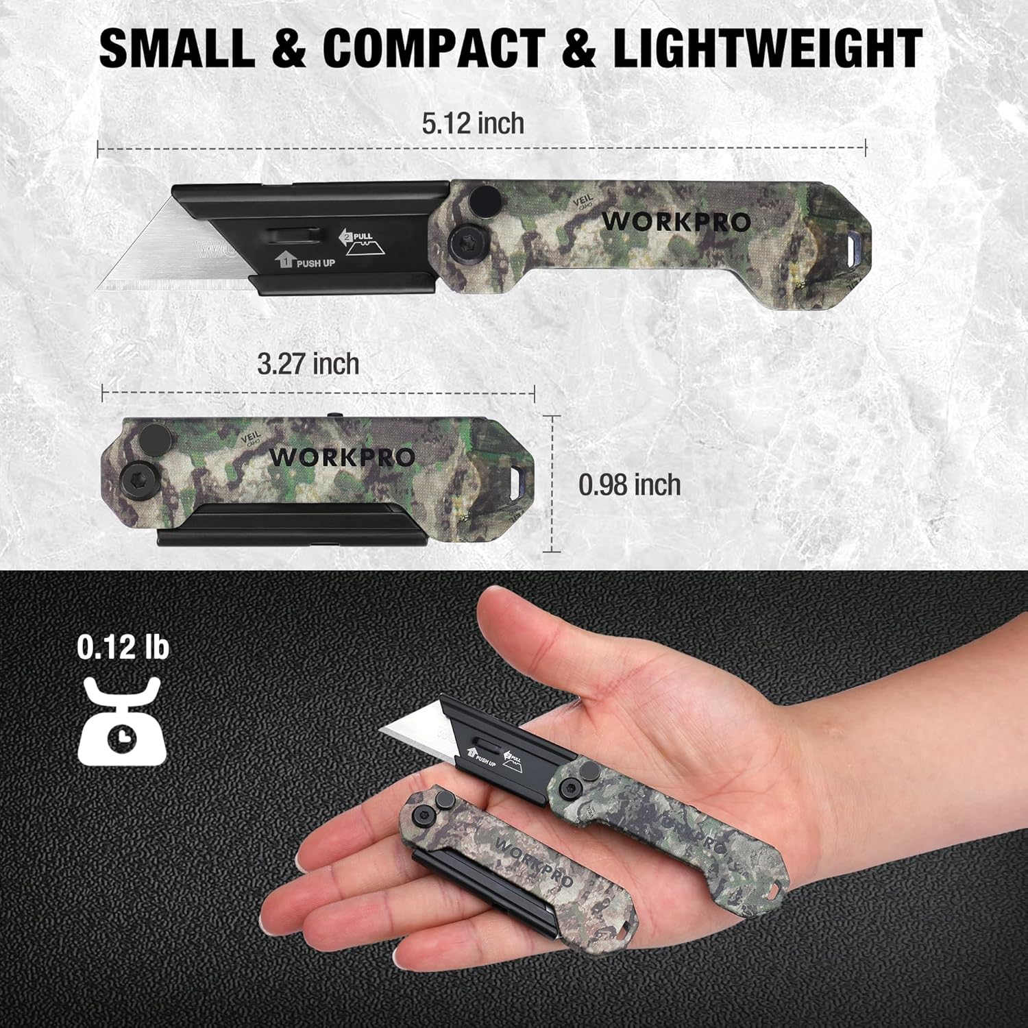Camo folding utility knife set with black blades, held in hand for compact EDC use