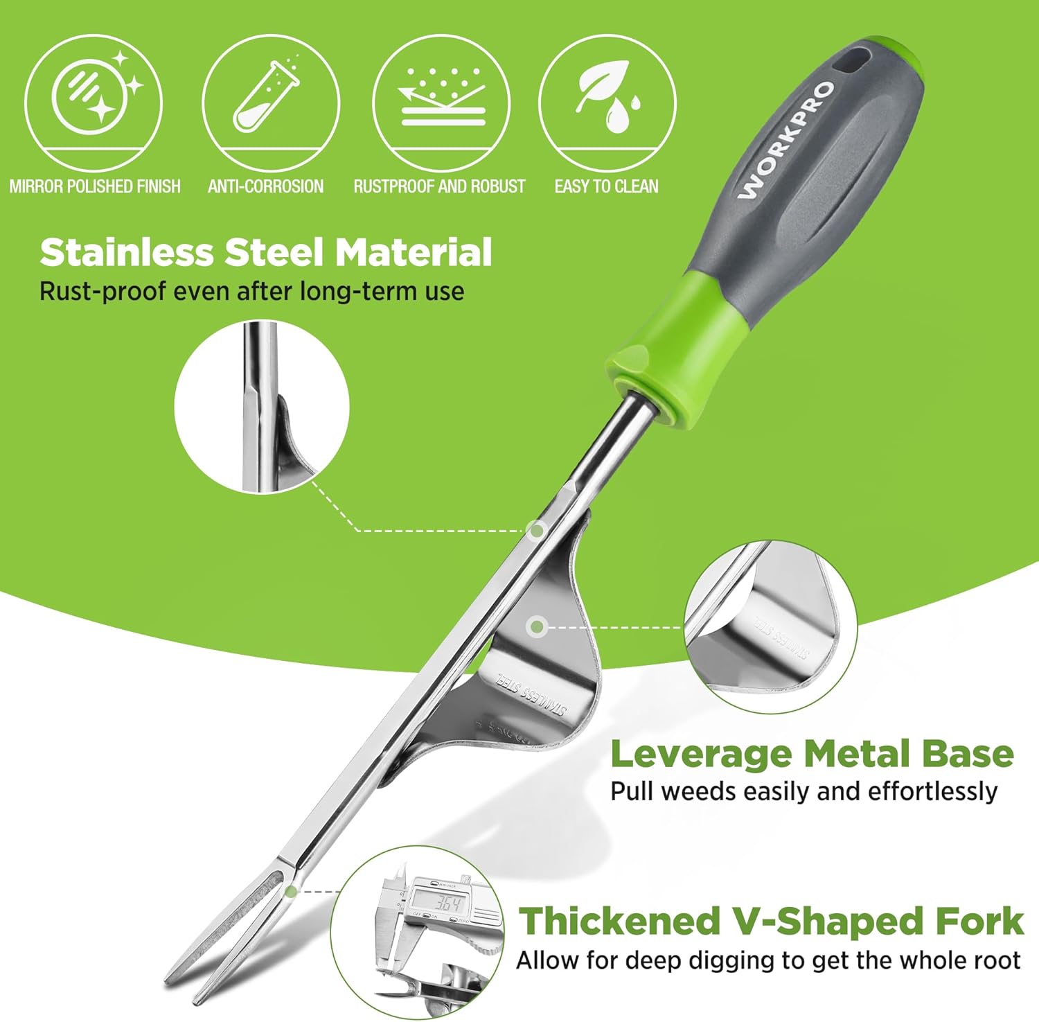 Stainless steel manual weed puller with lever base and thickened V-shaped fork