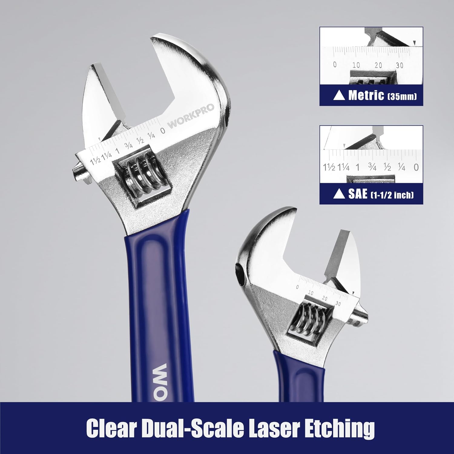 Two chrome adjustable wrenches with blue handles and SAE/metric marking near jaw.