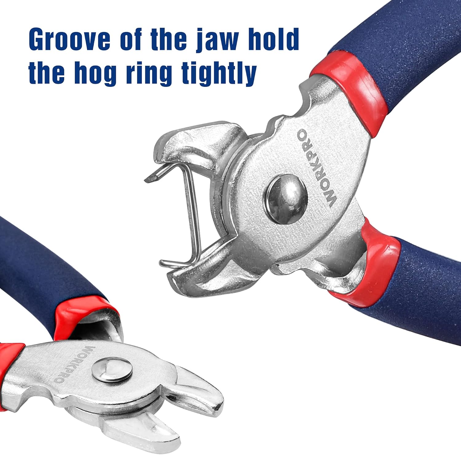 Galvanized steel hog ring pliers with blue-red handles, close-up jaw grip