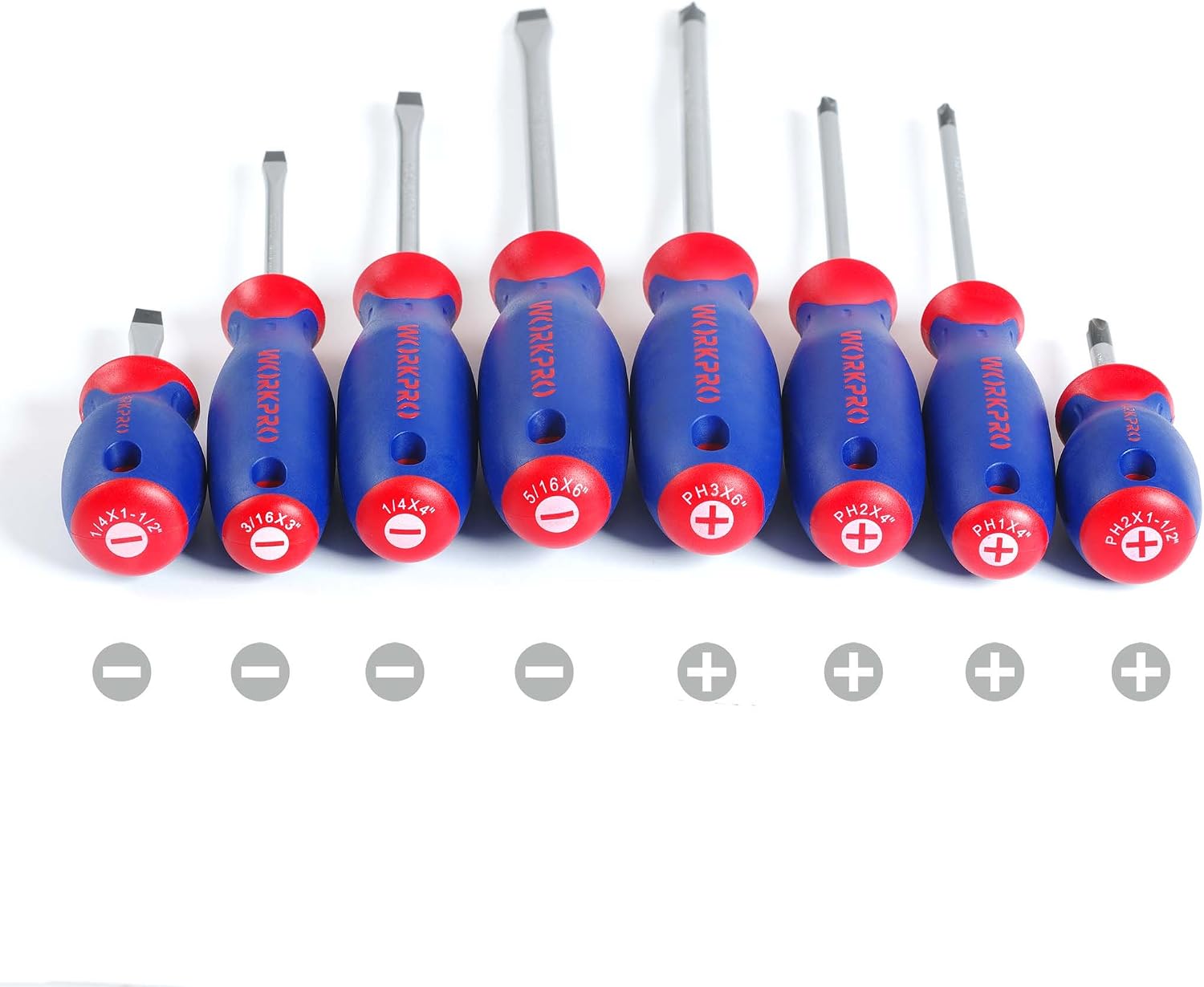 Screwdriver set with blue handles and red bit ends, assorted tips visible