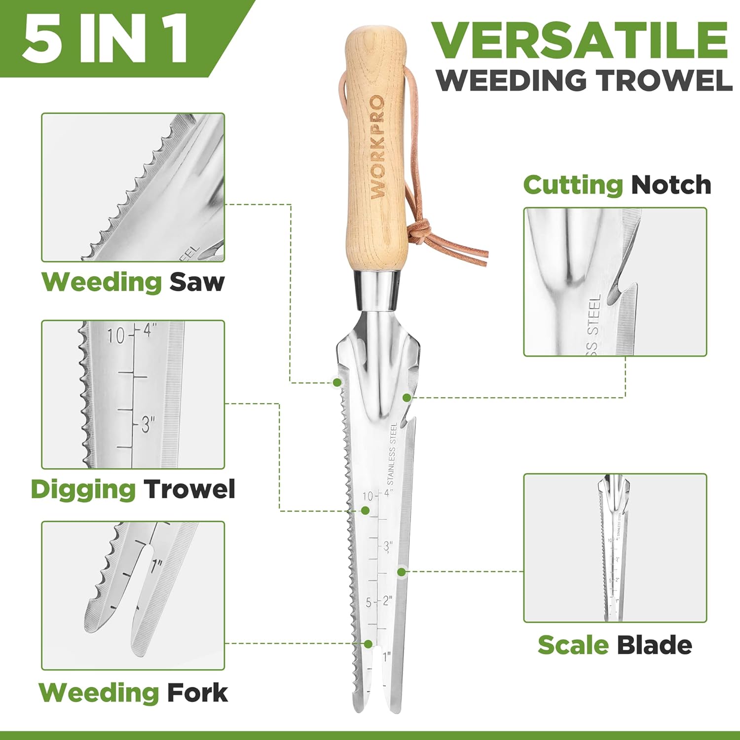 5-in-1 stainless garden hand weeder puller with wooden handle and multiple blade heads