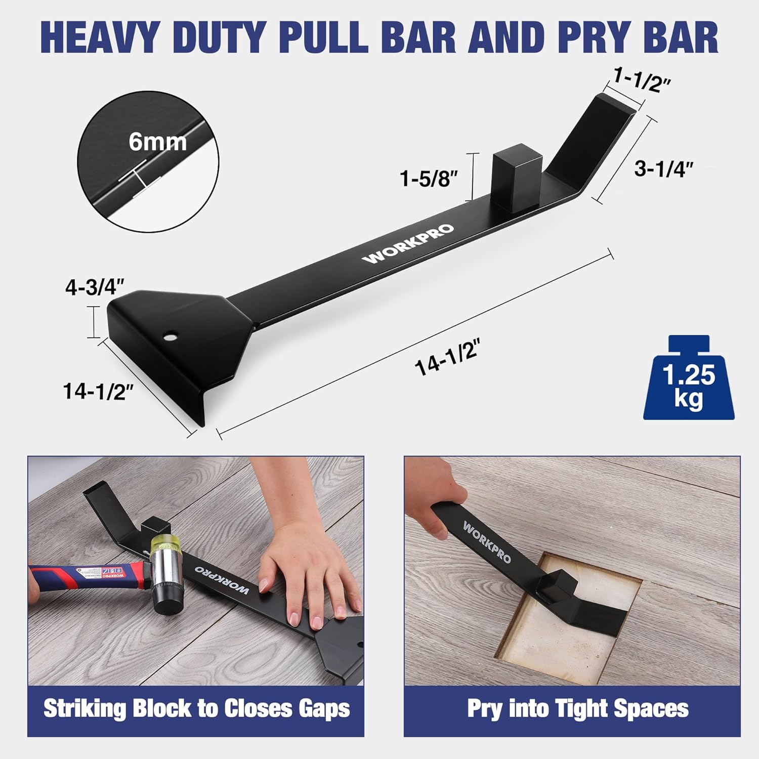 Heavy-duty pull and pry bar for laminate flooring, black steel with size markings