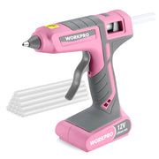 Pink 12V cordless hot melt glue gun with gray handle and clear glue sticks