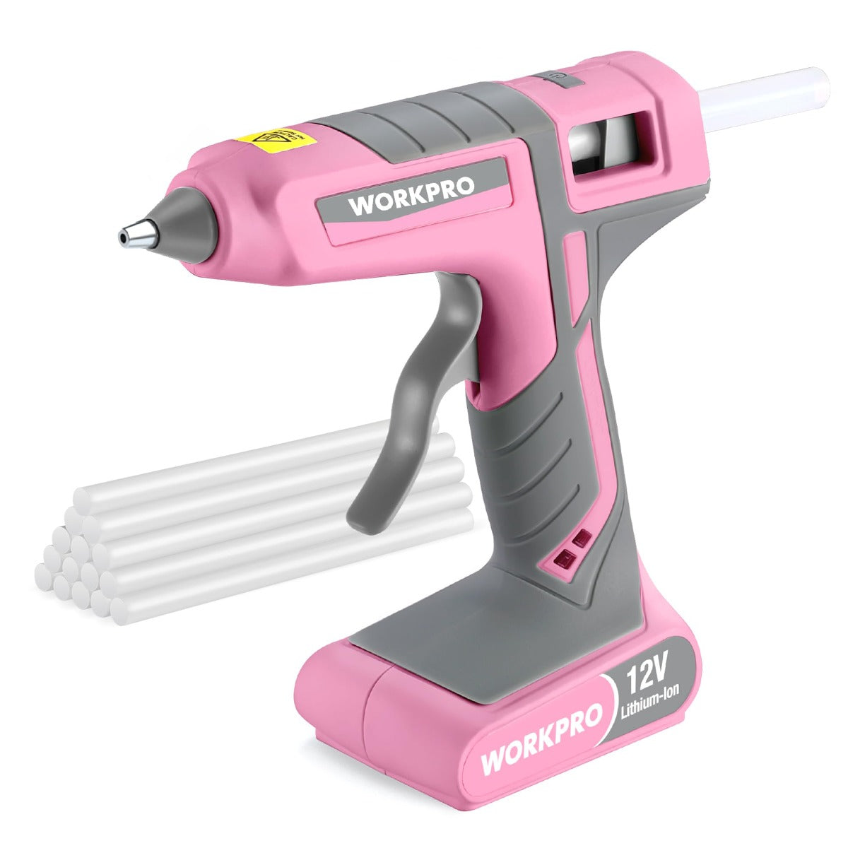 Pink 12V cordless hot melt glue gun with gray handle and clear glue sticks