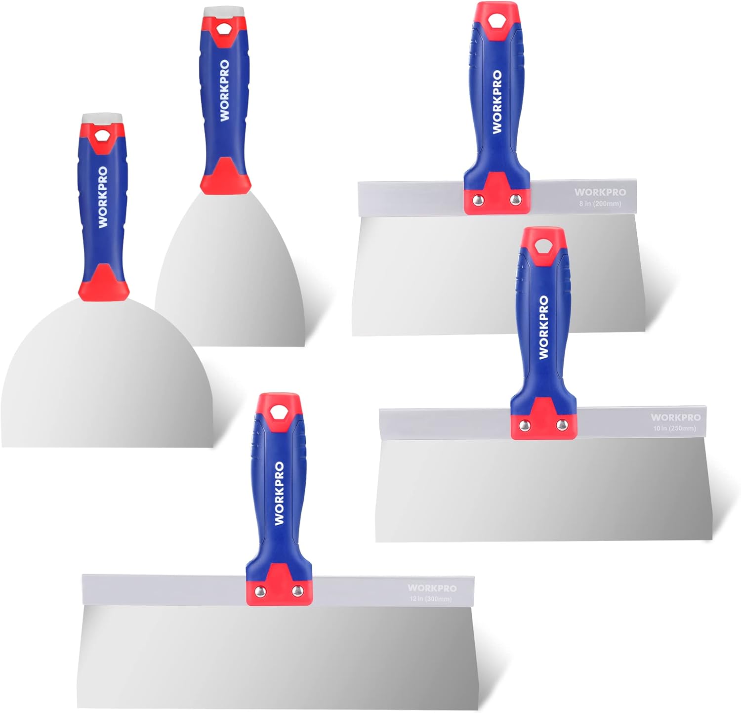 Drywall taping knife set with blue-and-red handles and wide stainless steel blades
