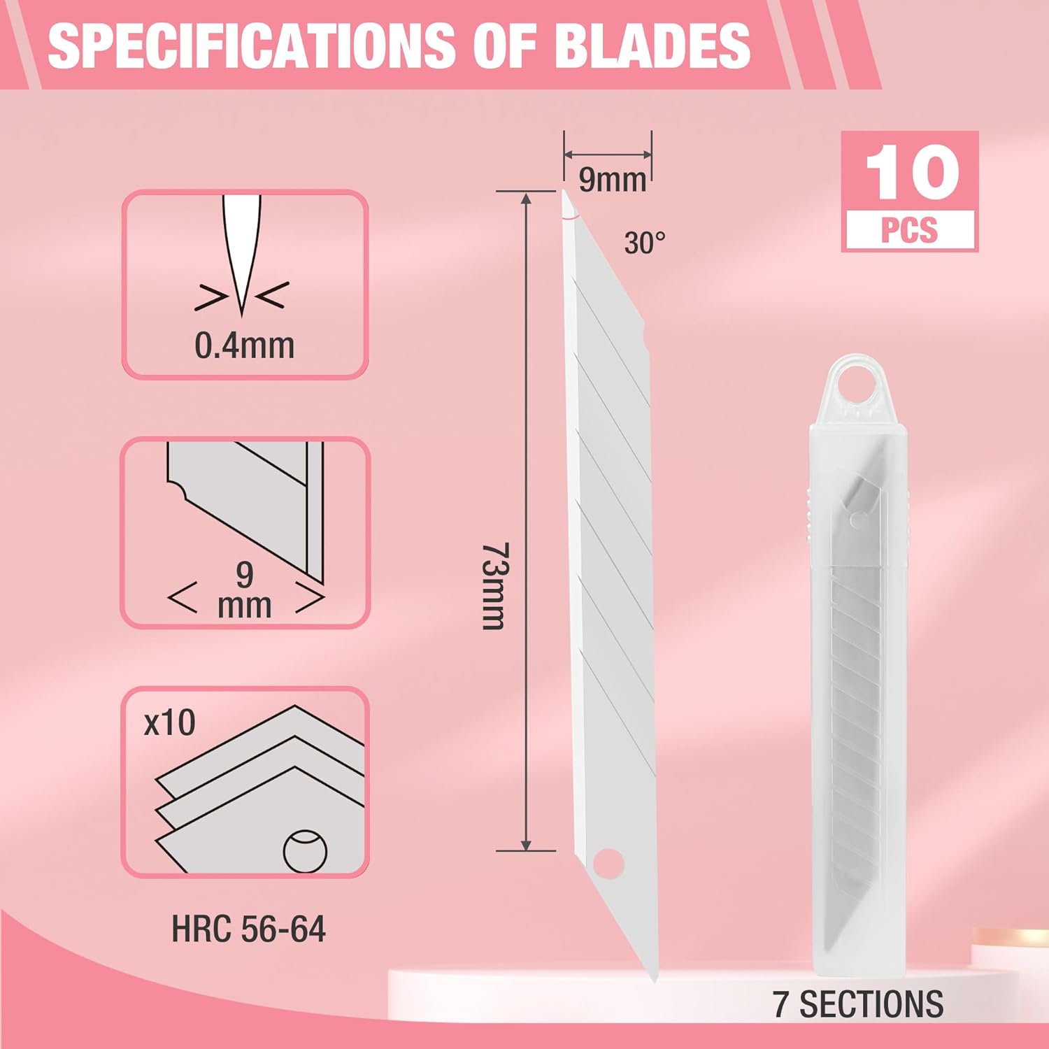 9mm snap-off blades specification pack with 10 blades and 7 sections in organizer