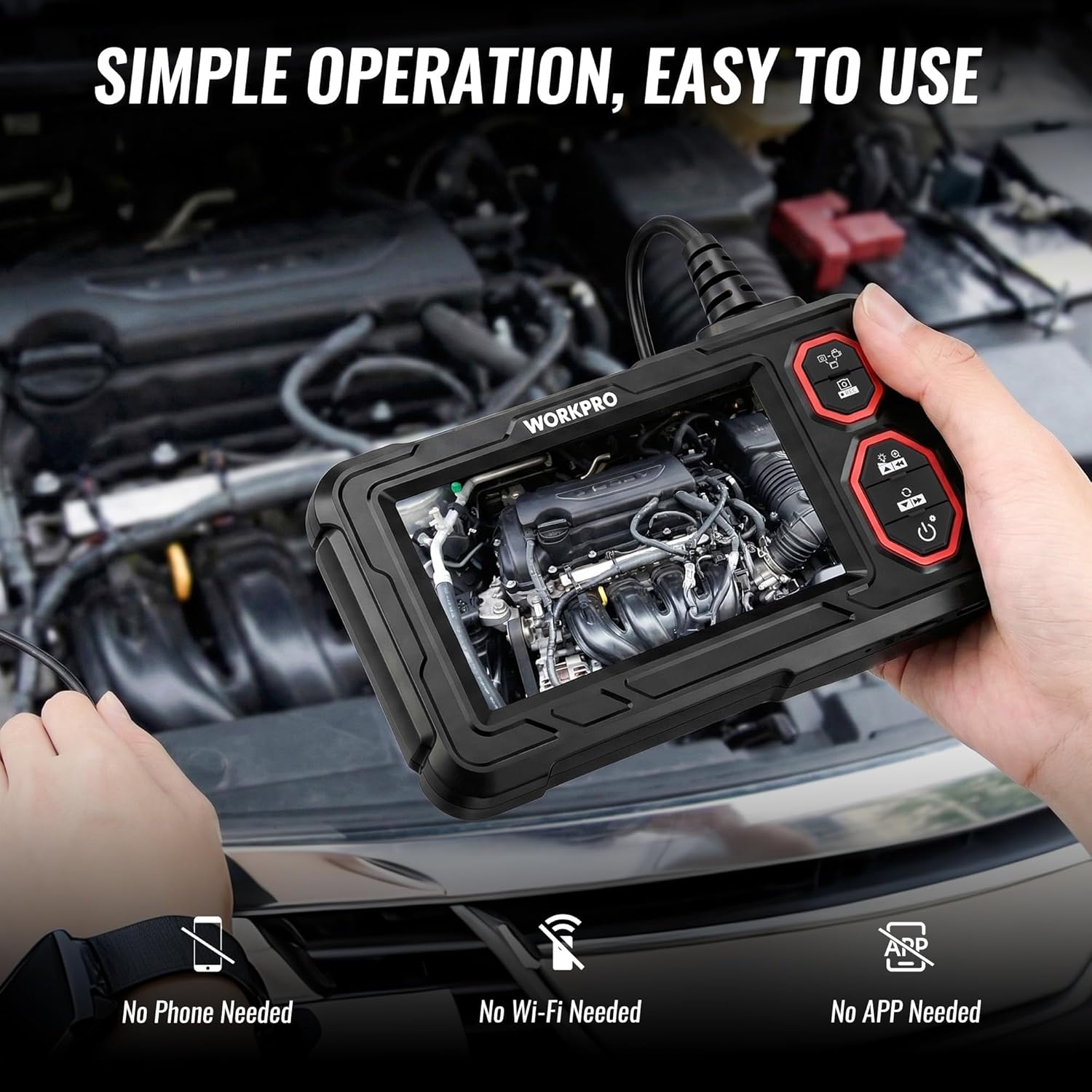 Industrial endoscope camera for engine inspection held with a hand and screen controls