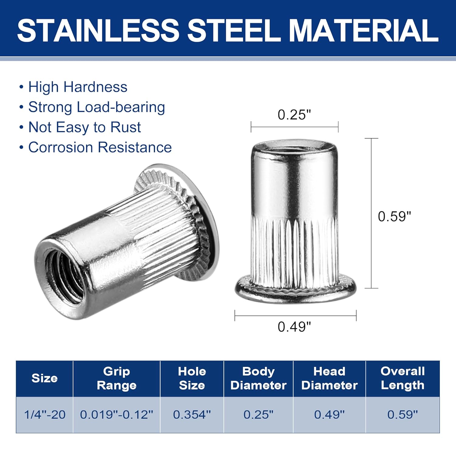Stainless steel flat-head rivet nut with threaded insert, shown with size measurements