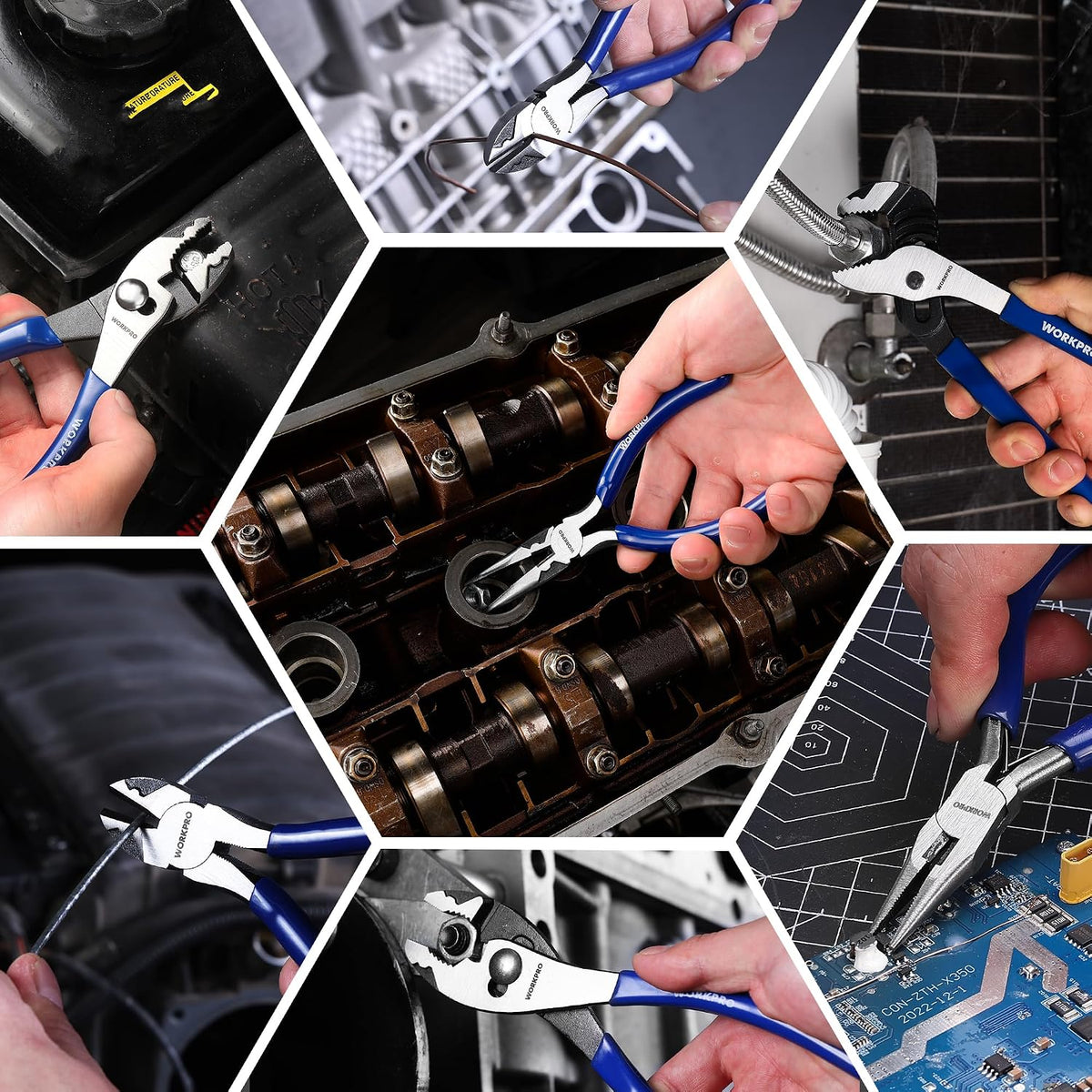Workpro seven-piece pliers tool set with blue comfort-grip handles for home use and daily repair tasks.